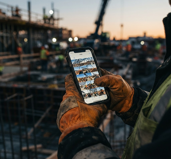 Frustrated construction worker looking for photos on a phone